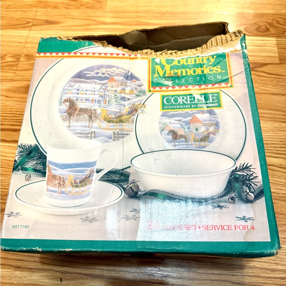 Vintage Corelle Country Memories dinnerware set W/ winter sleigh scene design